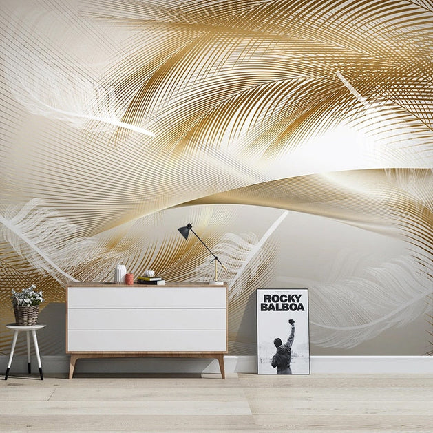3D Golden Feather Wallpaper for Home Wall Decor-GraffitiWallArt