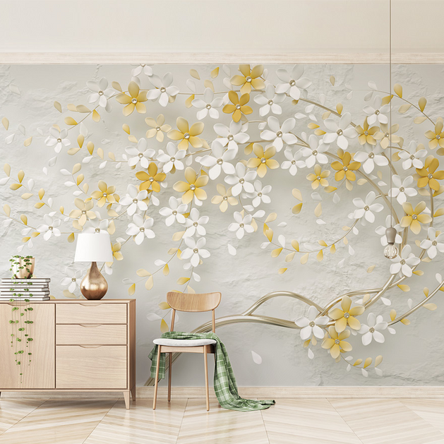 3D Tree White & Yellow Flowers Wallpaper Murals-GraffitiWallArt
