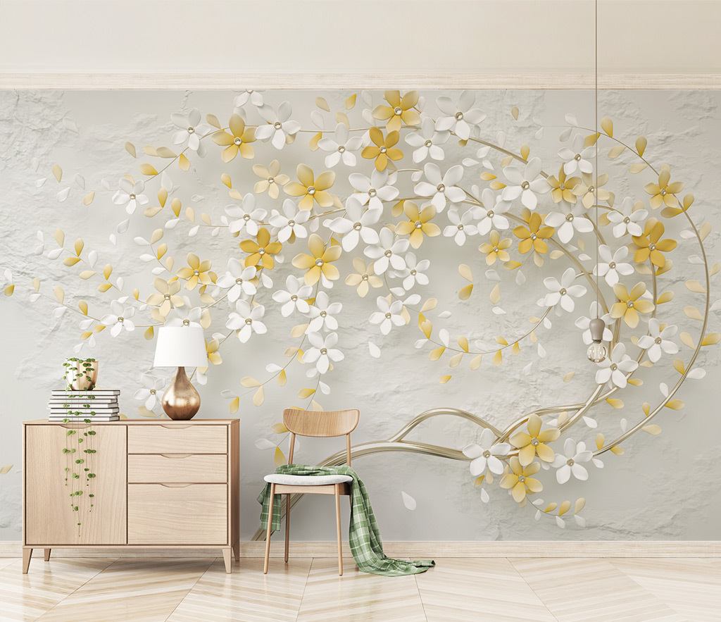 3D Tree White & Yellow Flowers Wallpaper Murals-GraffitiWallArt