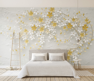 3D Tree White & Yellow Flowers Wallpaper Murals-GraffitiWallArt