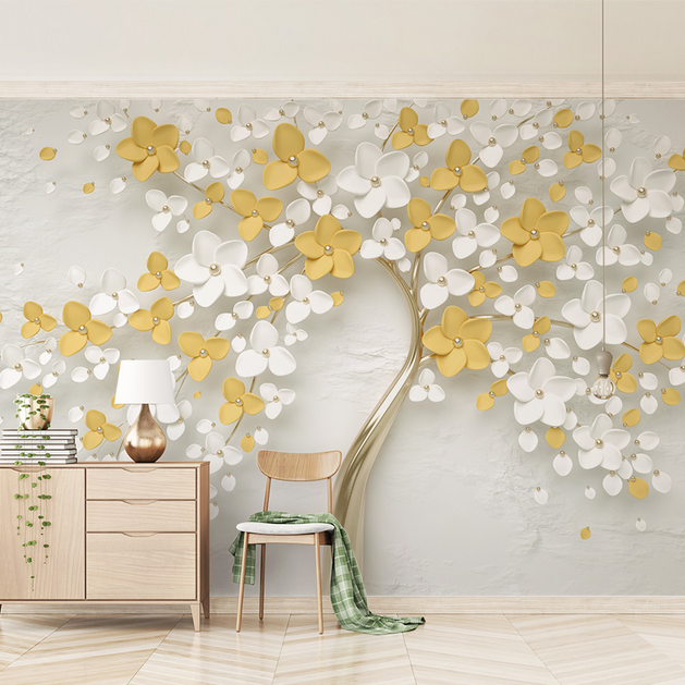3D Tree White & Yellow Large Flowers Wallpaper Murals-GraffitiWallArt