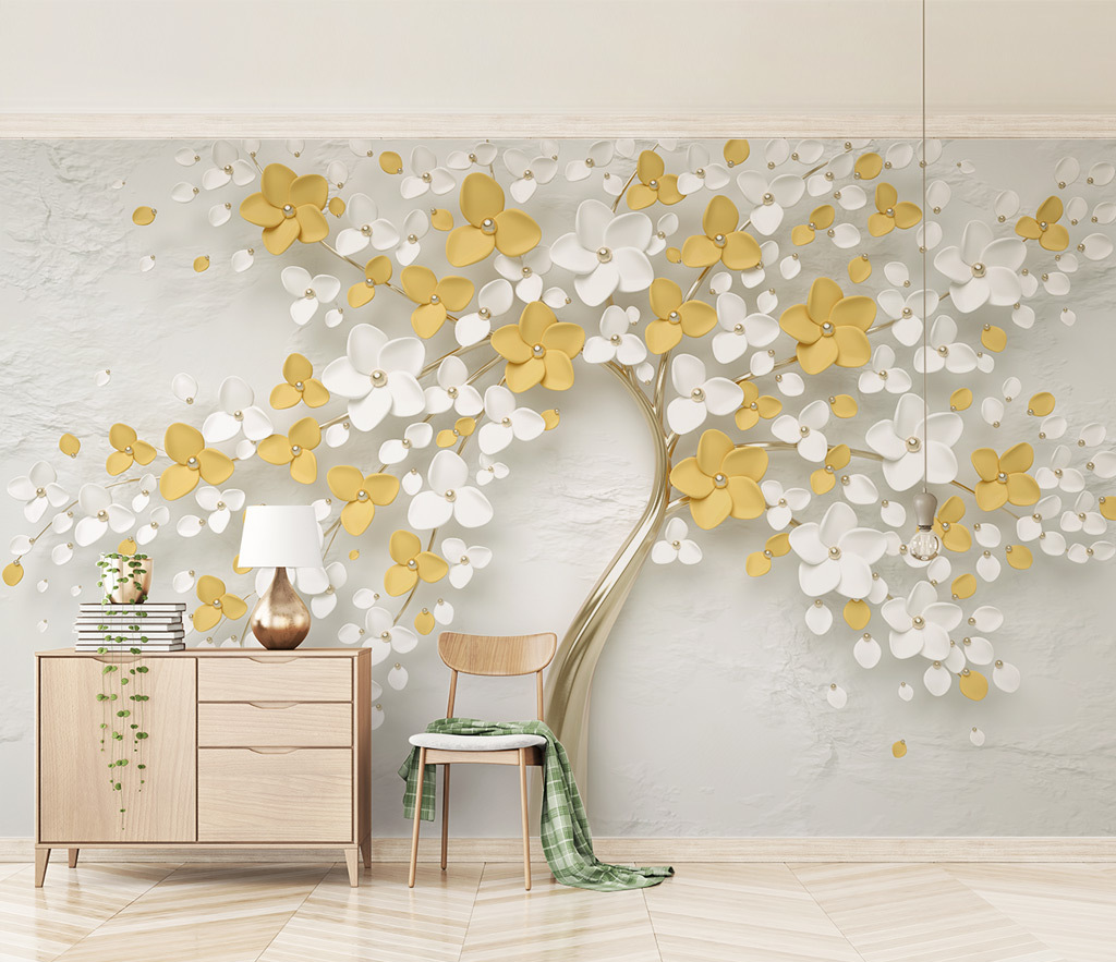 3D Tree White & Yellow Large Flowers Wallpaper Murals-GraffitiWallArt