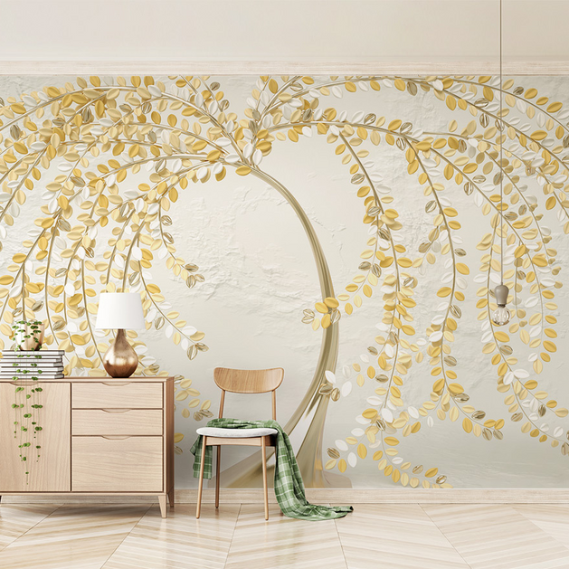3D Tree with Yellow Wallpaper Murals: Vibrant Wall Décor-GraffitiWallArt