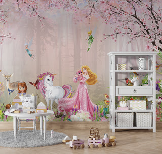 Princess Aurora Pink Floral Girls Room Wallpaper