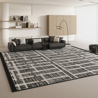 Schwarz-weißer Labyrinth-Teppich mit diagonalem Netzmuster: Moderne Eleganz