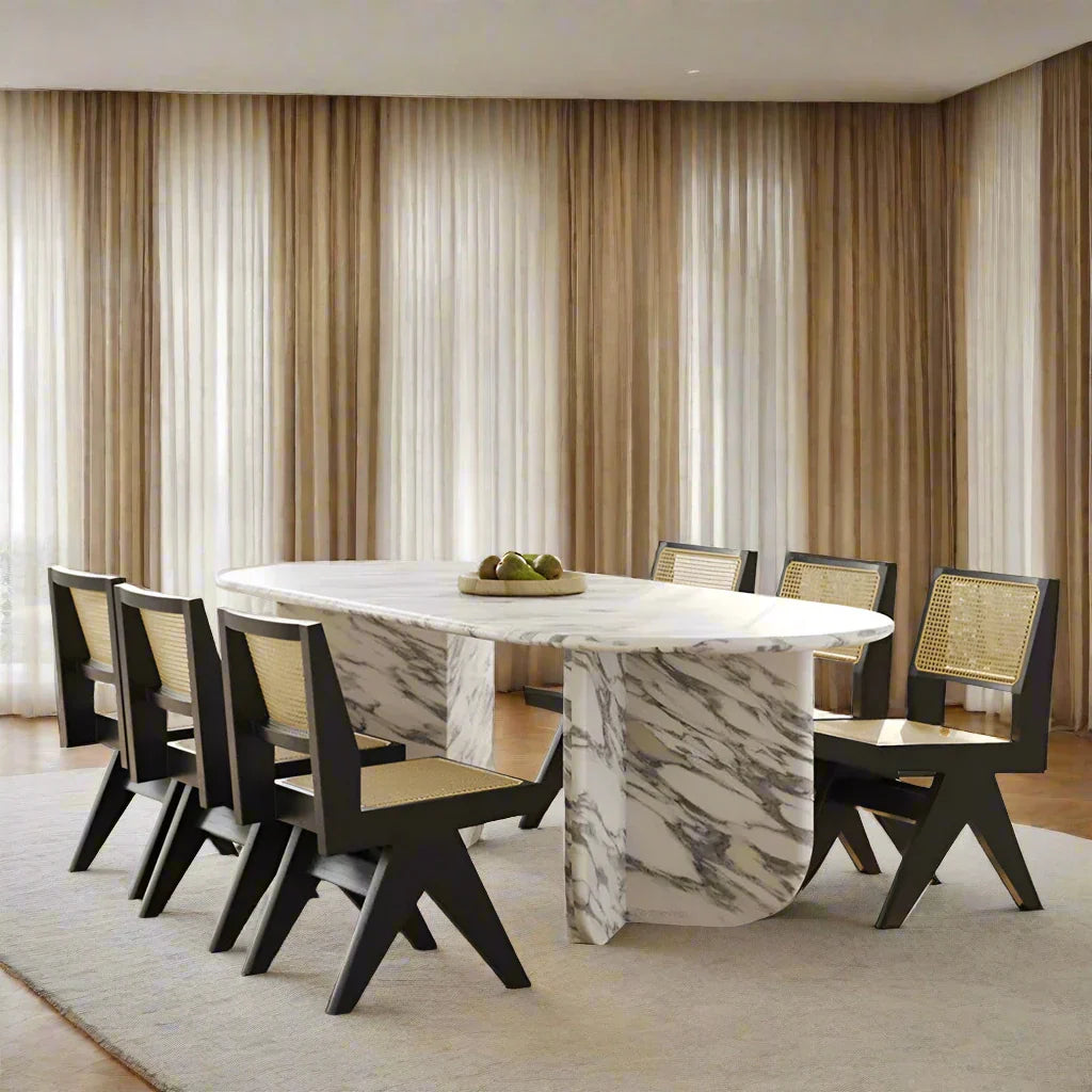 Luxury White Polished Finish Marble Dining Table Set - GraffitiWallArt