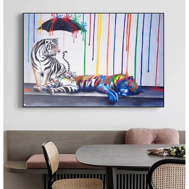 Abstract Colourful Tigers and Umbrella Canvas Wall Hanging Art-GraffitiWallArt