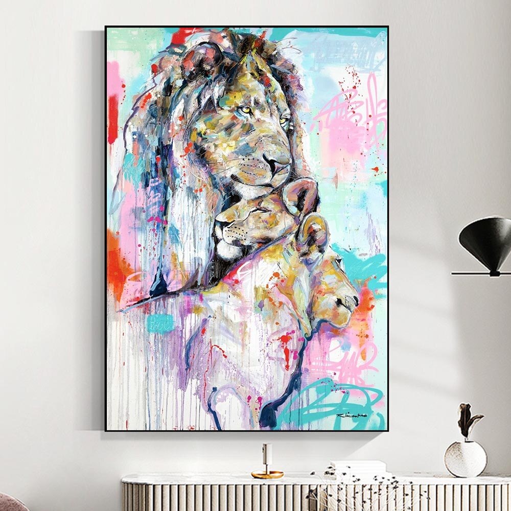 Abstract Graffiti Lion Family Canvas Wall Hanging Art-GraffitiWallArt