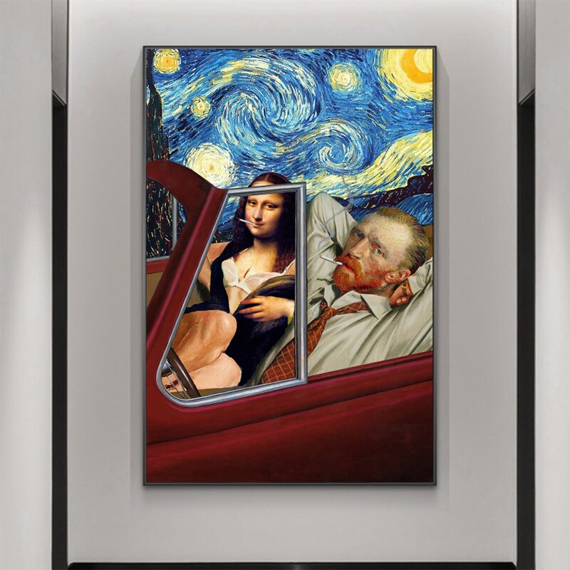 Abstract Smoking Funny Van Gogh and Mona Lisa Canvas Wall Art-GraffitiWallArt