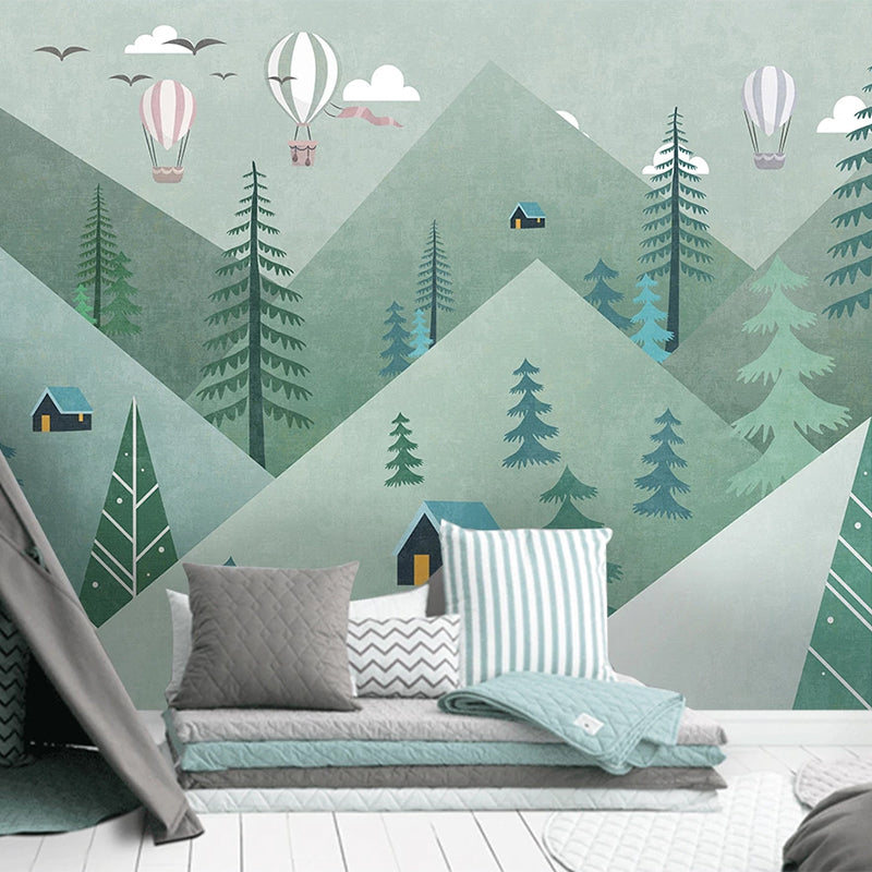 Air Balloons over Green Forest Nursery Wallpaper-GraffitiWallArt