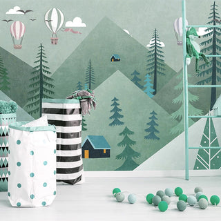 Air Balloons over Green Forest Nursery Wallpaper-GraffitiWallArt