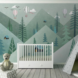 Air Balloons over Green Forest Nursery Wallpaper-GraffitiWallArt