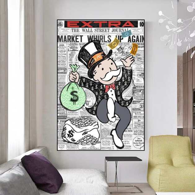 Alec Monopoly Money Bag Prints Newspaper Canvas Wall Art-GraffitiWallArt