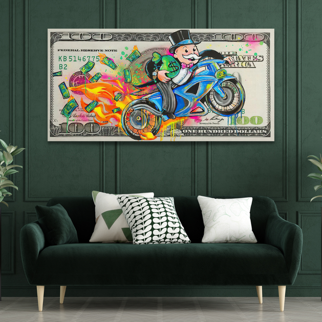 Alec Monopoly Money Millionaire on Heavy Bike Canvas Wall Art-GraffitiWallArt