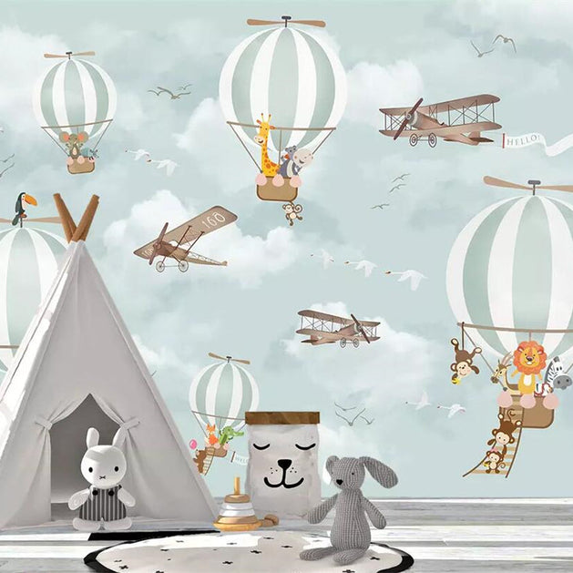Animals Flying on Air Balloons in Sky Nursery Wallpaper-GraffitiWallArt