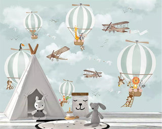 Animals Flying on Air Balloons in Sky Nursery Wallpaper-GraffitiWallArt