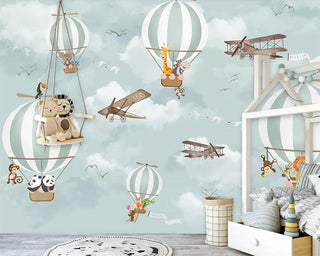 Animals Flying on Air Balloons in Sky Nursery Wallpaper-GraffitiWallArt