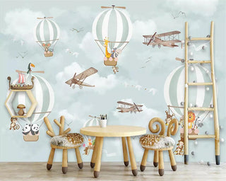 Animals Flying on Air Balloons in Sky Nursery Wallpaper-GraffitiWallArt