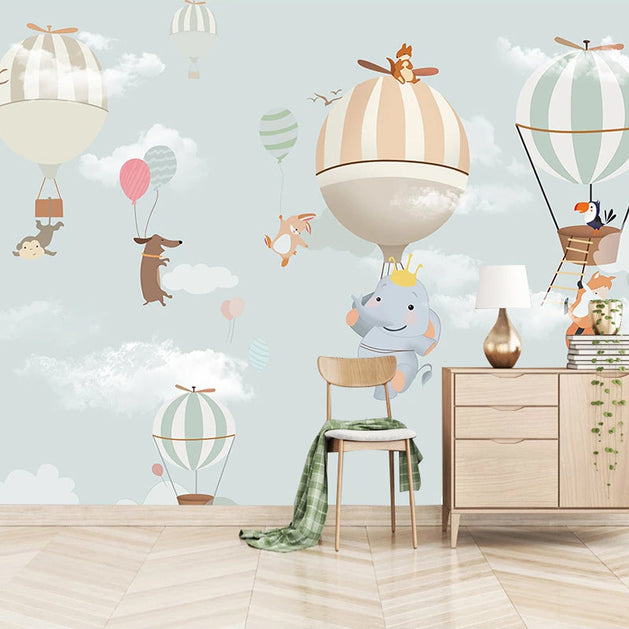 Animals Flying on Air Balloons Nursery Wallpaper-GraffitiWallArt