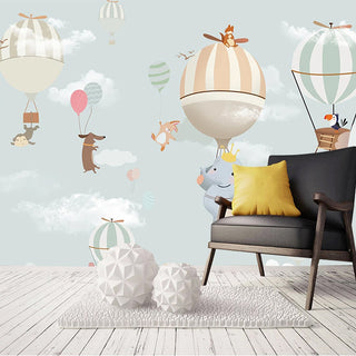 Animals Flying on Air Balloons Nursery Wallpaper-GraffitiWallArt