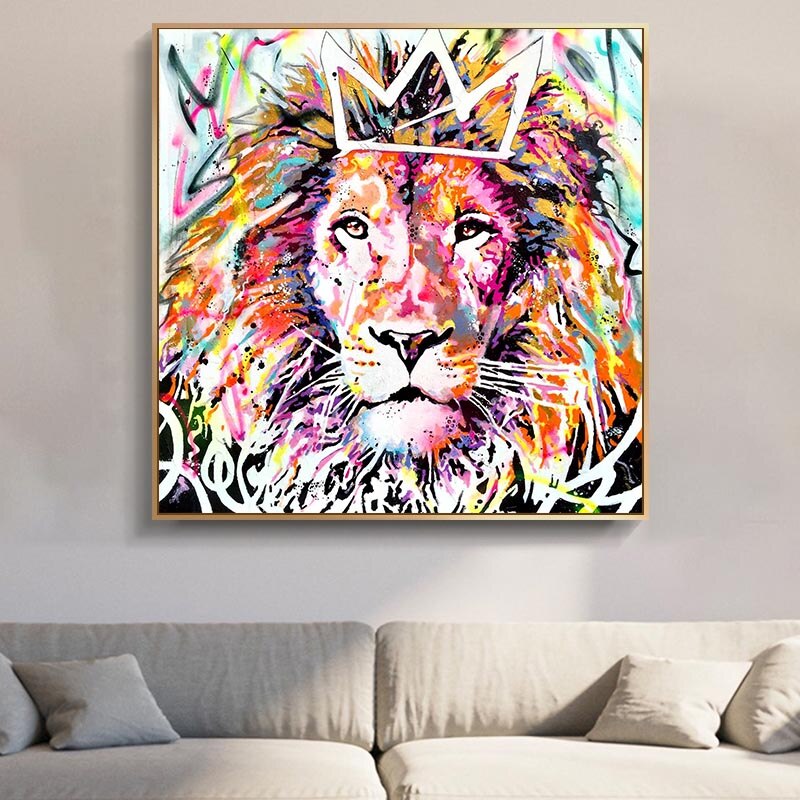 Animals Graffiti Lion With Crown Canvas Wall Art-GraffitiWallArt