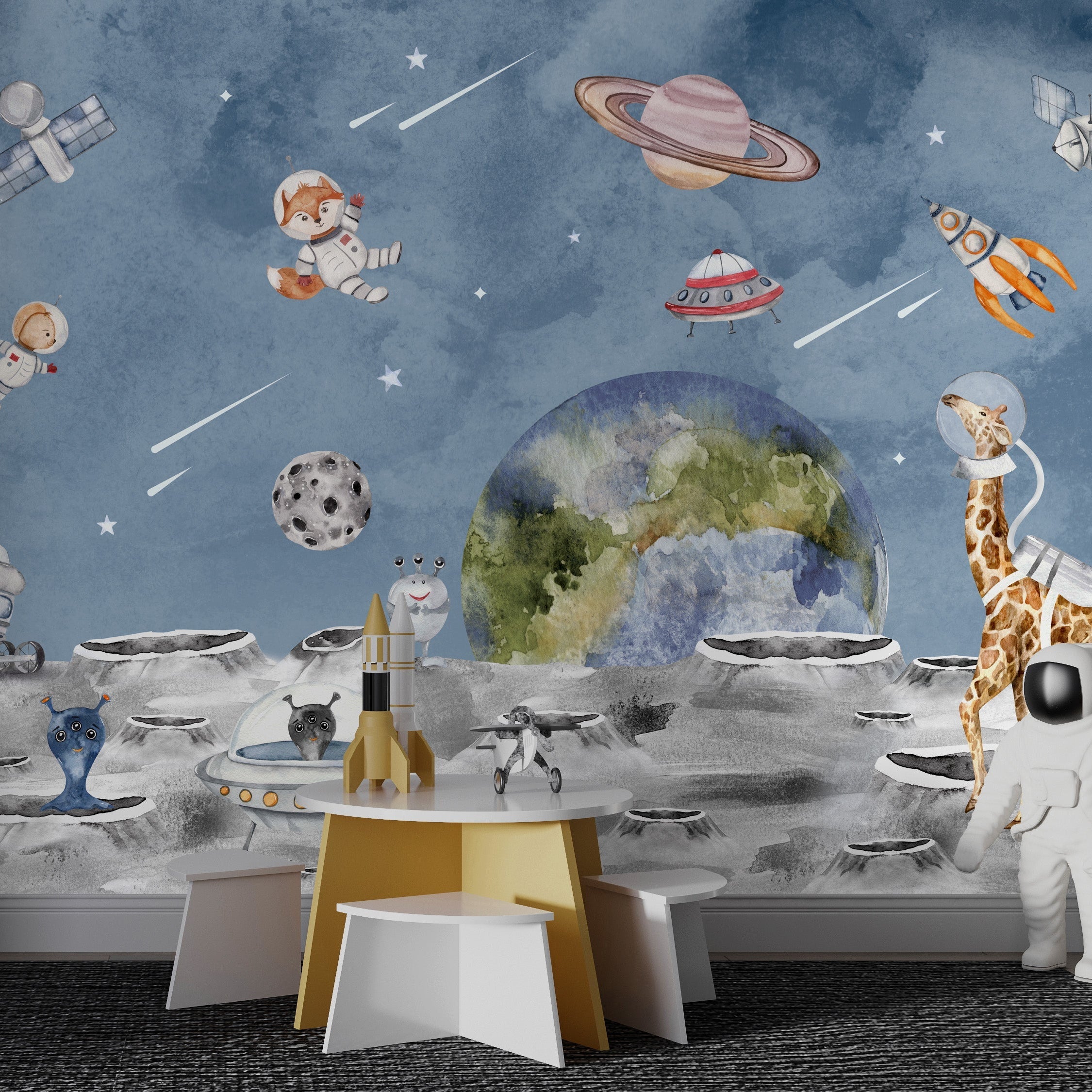 Animals in Space Astronauts: Kids Room Wallpaper Mural-GraffitiWallArt