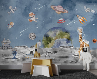 Animals in Space Astronauts: Kids Room Wallpaper Mural-GraffitiWallArt