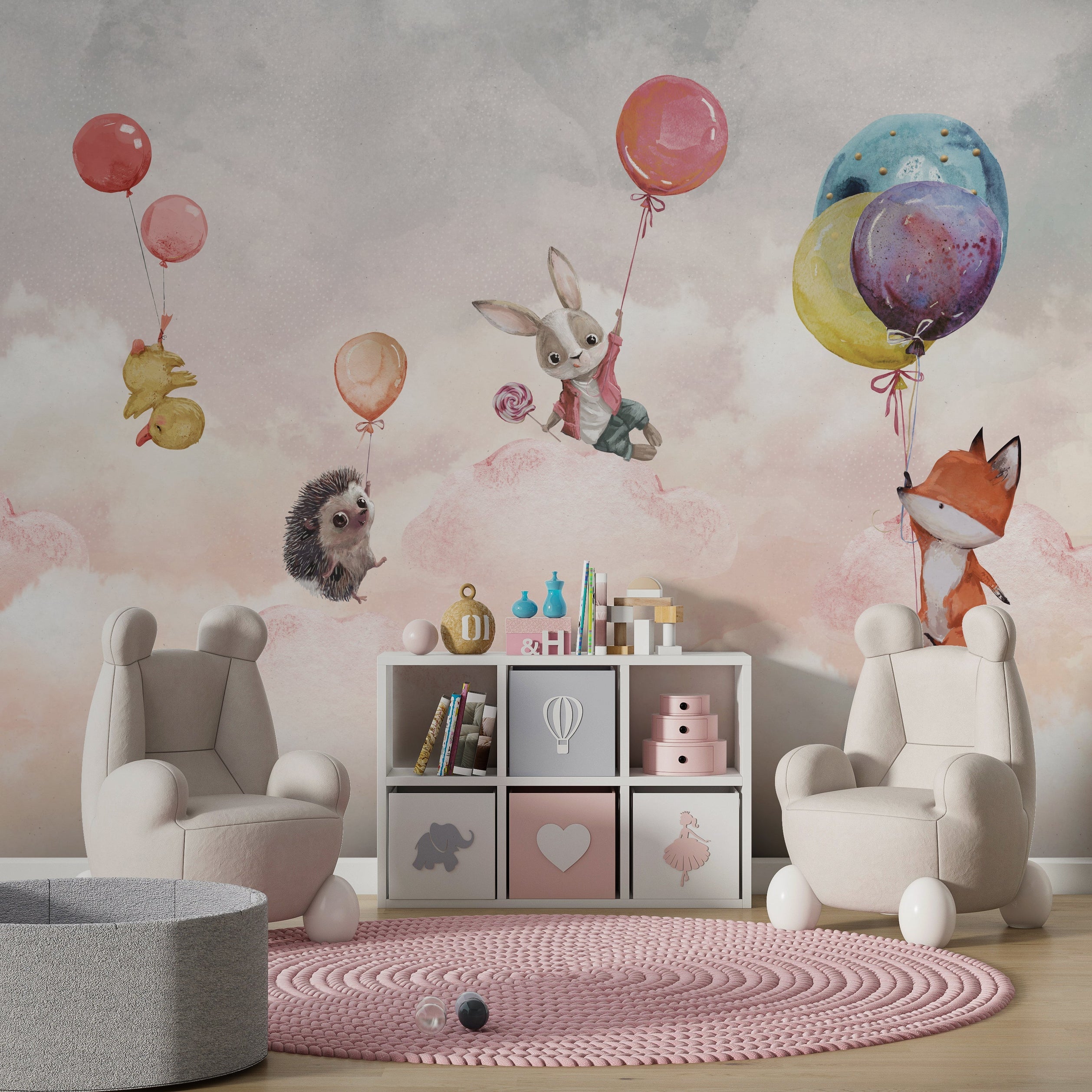 Animals on Balloon - Kids Nursery Wallpaper Mural-GraffitiWallArt