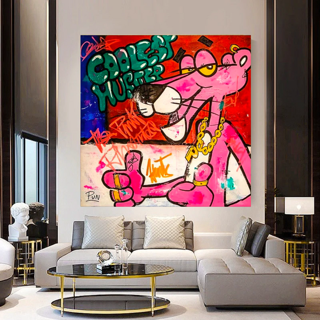 Artful Pink Panther - Whimsical Cartoon Decor-GraffitiWallArt