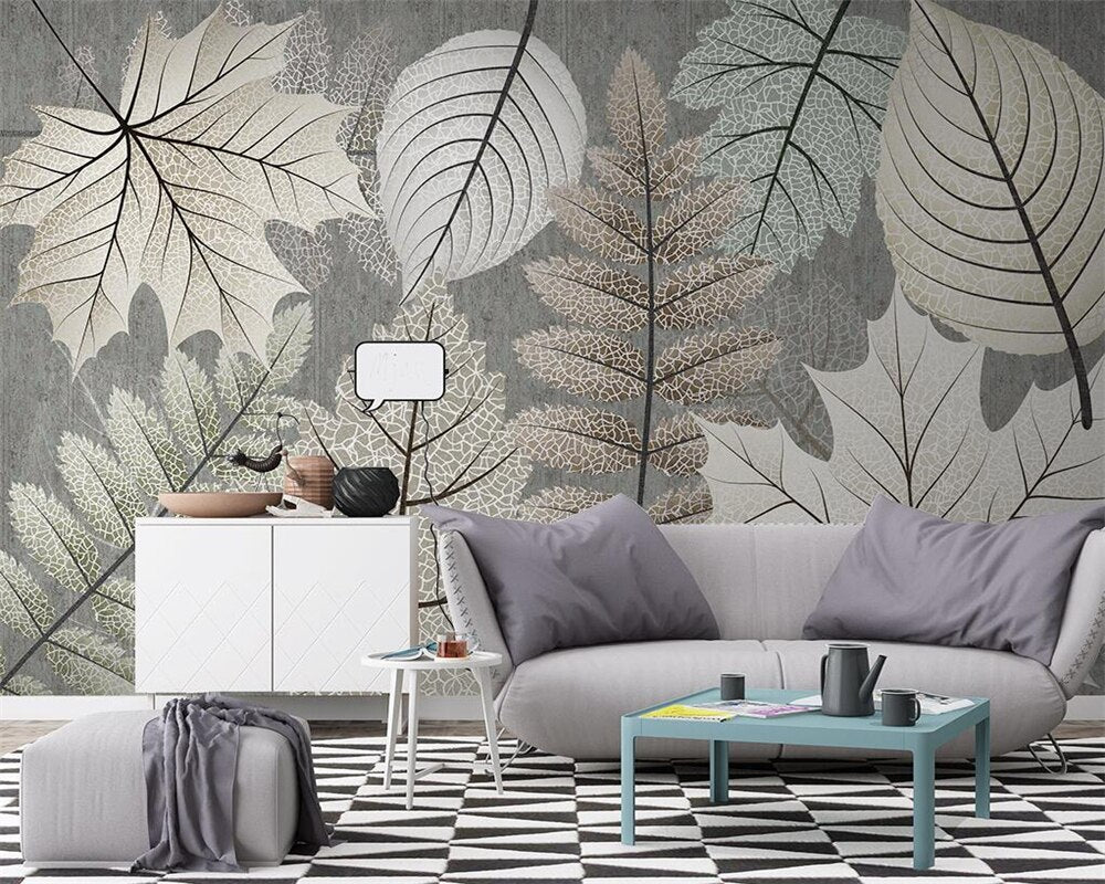 Artistic Monochrome Leaf Mural Wallpaper-GraffitiWallArt