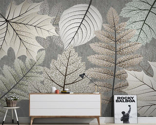 Artistic Monochrome Leaf Mural Wallpaper-GraffitiWallArt