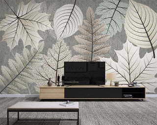 Artistic Monochrome Leaf Mural Wallpaper-GraffitiWallArt