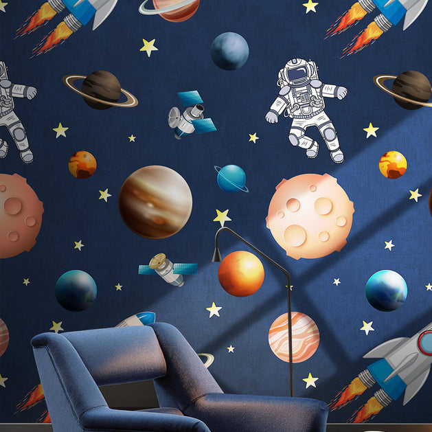 Astronauts Galaxy Space Wallpaper Mural for Kids Room - GraffitiWallArt