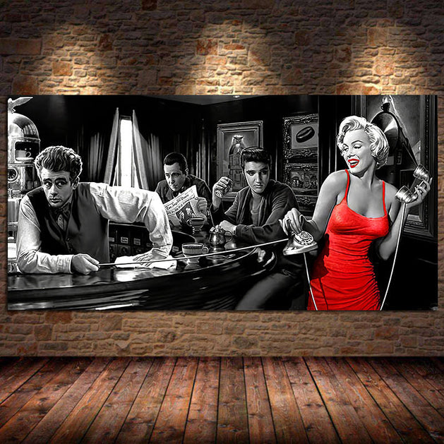 At the Bar: Marilyn, Elvis and James Dean Canvas Art-GraffitiWallArt