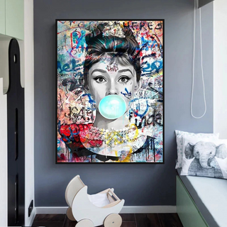 Audrey Hepburn Canvas Wall Art: Chewing Gum-GraffitiWallArt