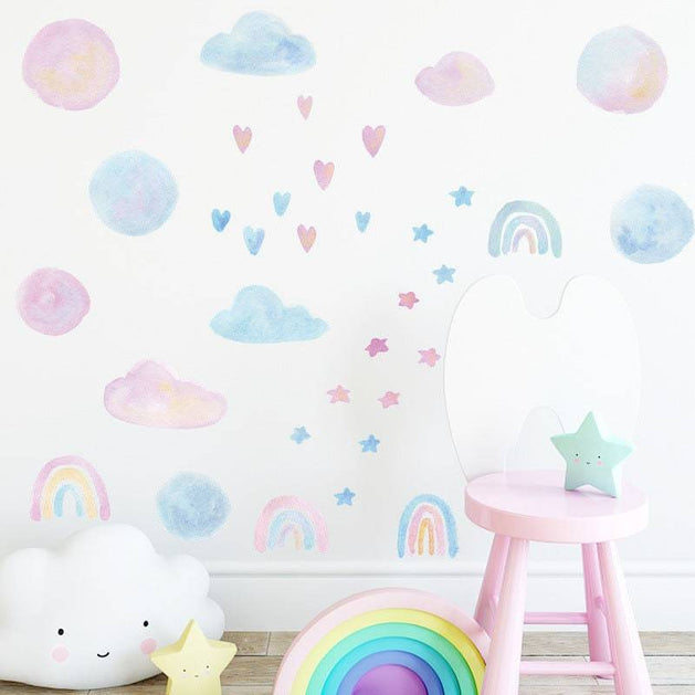 Baby Girl Room Wall Decor - Watercolour Heart Clouds-GraffitiWallArt