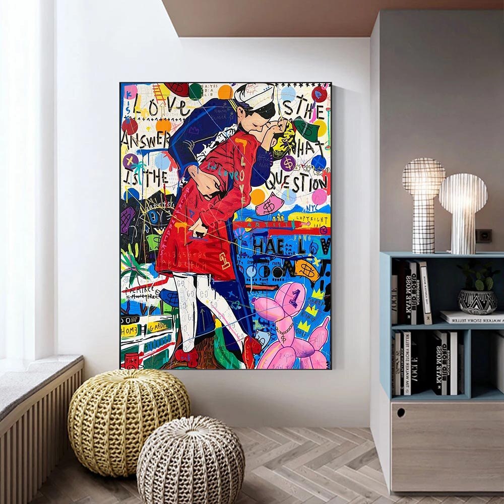 Banksy Abstract Graffiti Couple Kissing Canvas Wall Art-GraffitiWallArt