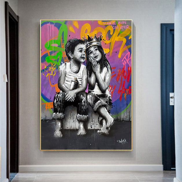 Banksy Graffiti Art Love Boy and Girl Canvas Wall Art-GraffitiWallArt