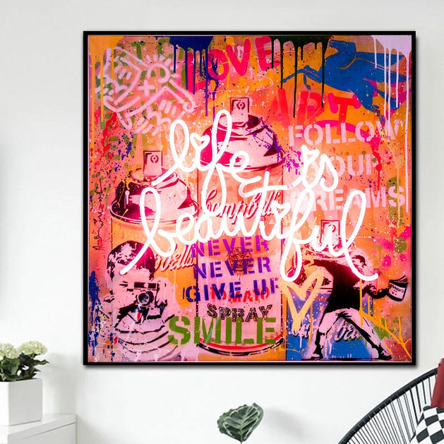 Banksy Life Is Beautiful Canvas Wall Art-GraffitiWallArt