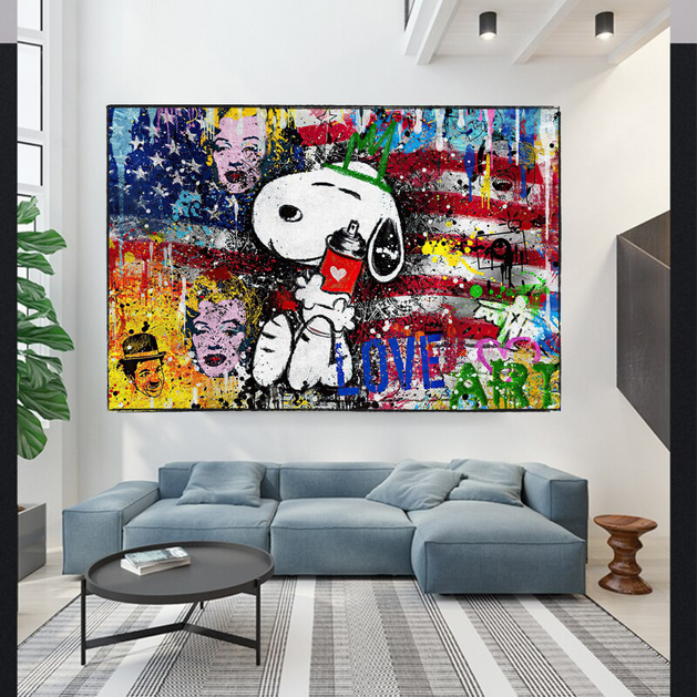 Banksy Snoopy Love Art Canvas Wall Art-GraffitiWallArt