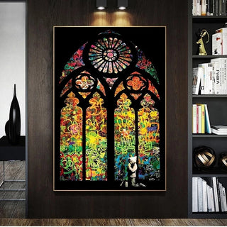 Banksy Stained Glass Canvas Wall Art-GraffitiWallArt