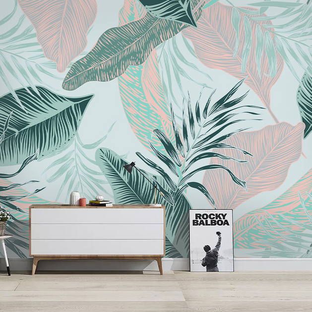 Beige and Green Leaves - Tropical Wallpaper Murals-GraffitiWallArt