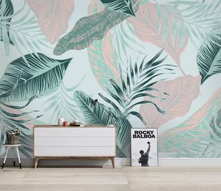 Beige and Green Leaves - Tropical Wallpaper Murals-GraffitiWallArt