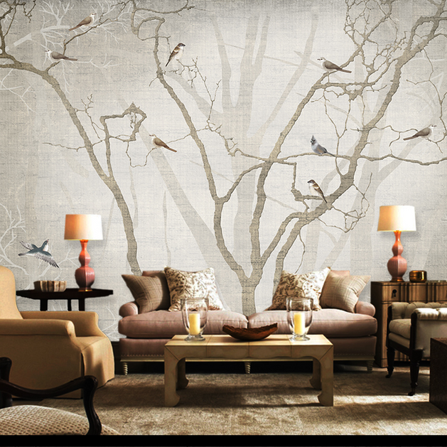 Birds on Tree Trunks Wallpaper Mural - Enhance Your Space