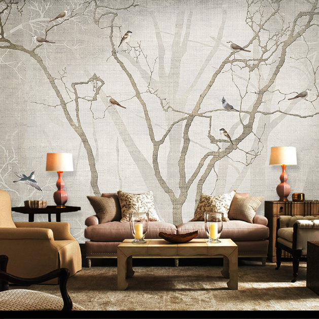 Birds on Tree Trunks Wallpaper Mural - Enhance Your Space-GraffitiWallArt