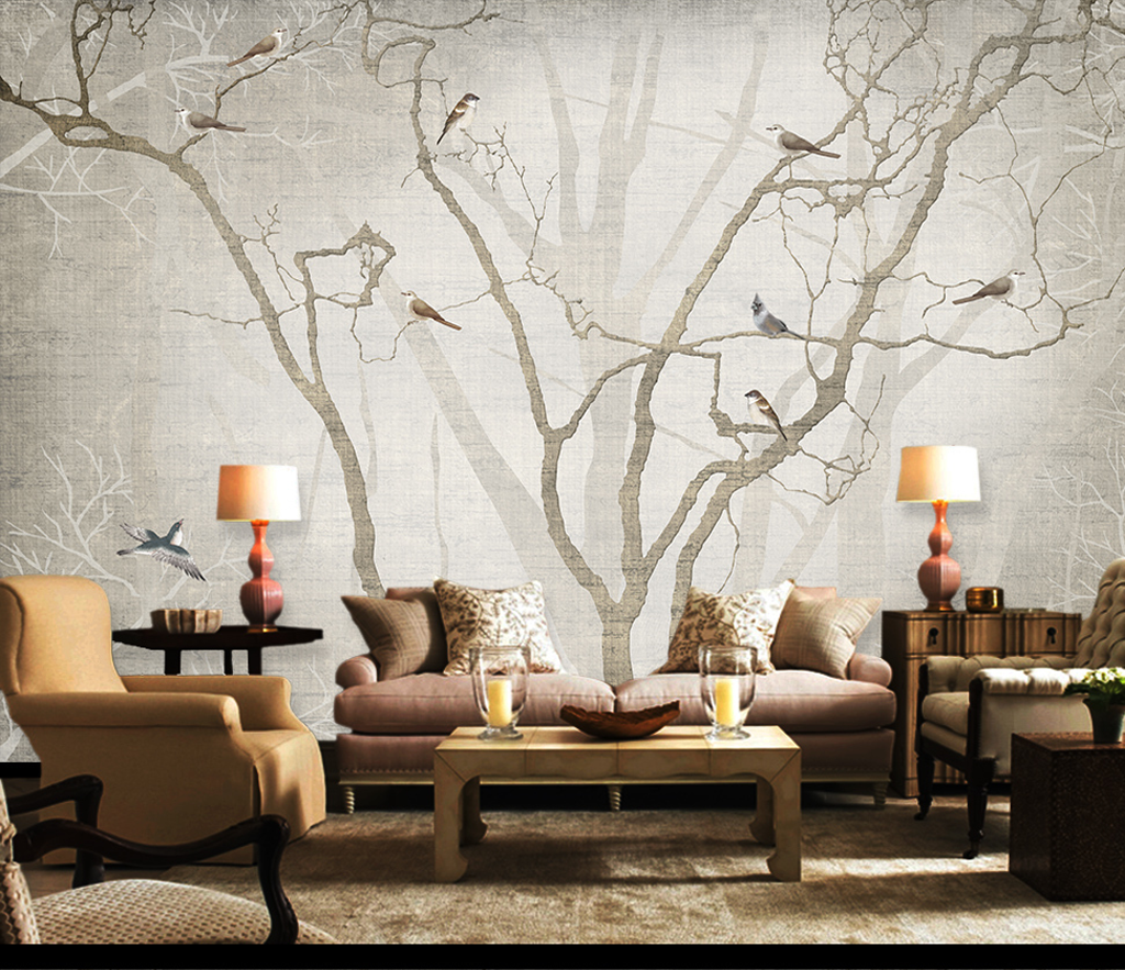 Birds on Tree Trunks Wallpaper Mural - Enhance Your Space-GraffitiWallArt