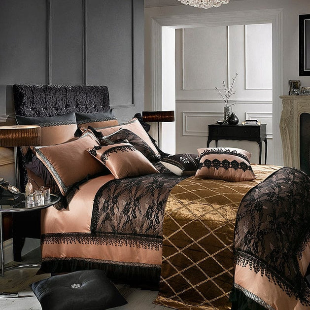Black Lace Luxury Silk Cotton Bedding Set-GraffitiWallArt