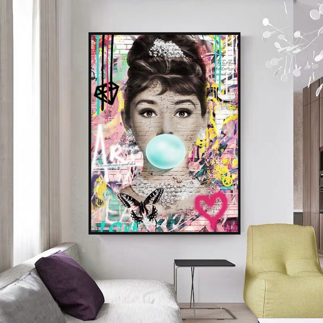 Blowing Bubbles: Audrey Hepburn Canvas Wall Art-GraffitiWallArt