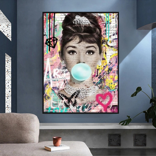 Blowing Bubbles: Audrey Hepburn Canvas Wall Art-GraffitiWallArt