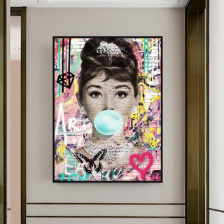 Blowing Bubbles: Audrey Hepburn Canvas Wall Art-GraffitiWallArt